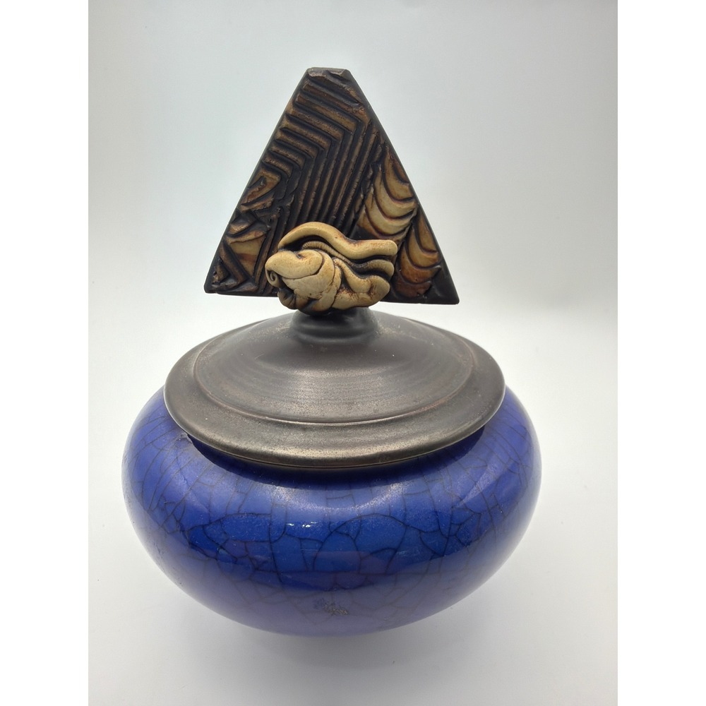 Andrew MacCorkindale Studio Pottery Blue Crackle Glaze Lidded Vessel Jar Signed